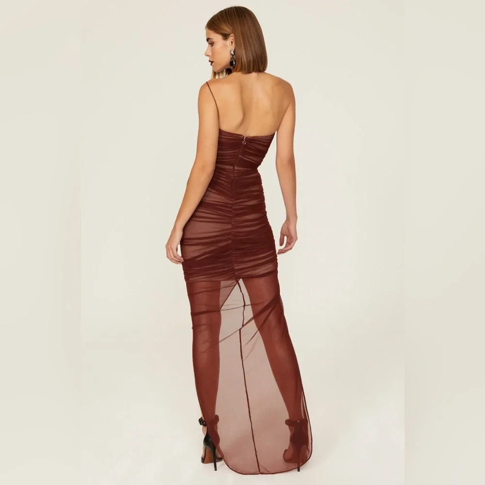 Nookie Sz Medium Brown Mecca Ruched Mesh One Shoulder Slit Sleeveless Gown sexy - Picture 3 of 7